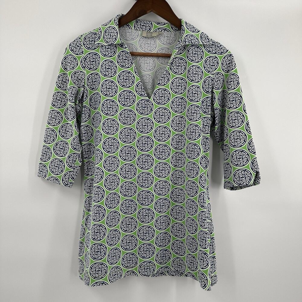 Katherine Way Tunic Top Womens XS Green Navy Medallion‎ Print Santa Ana Stretch